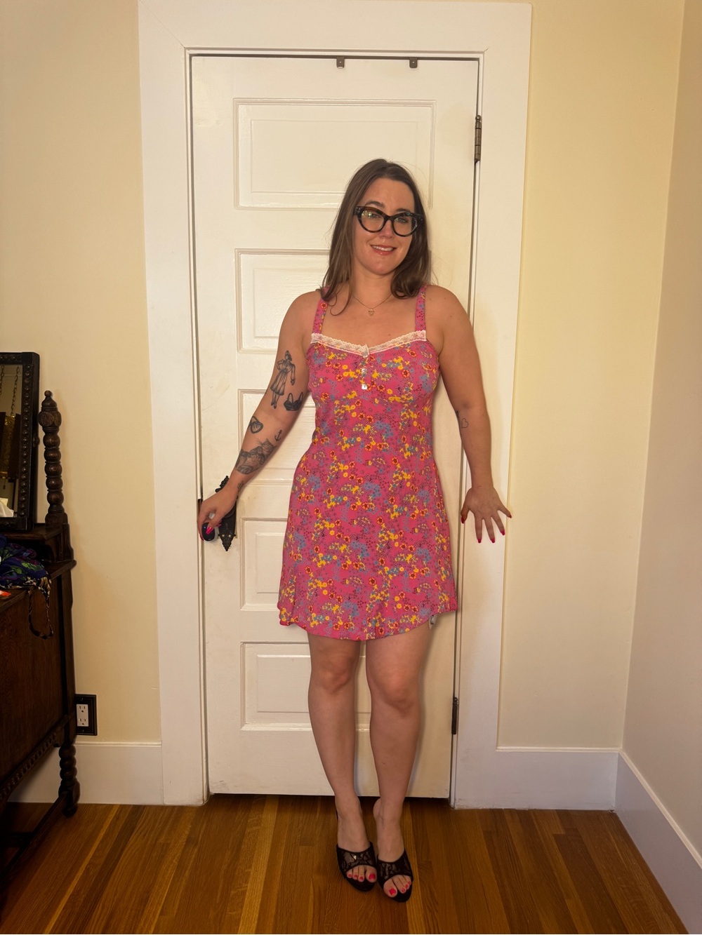 Y2K Vintage Hot Pink Floral Rayon Mini Dress Lace Trim